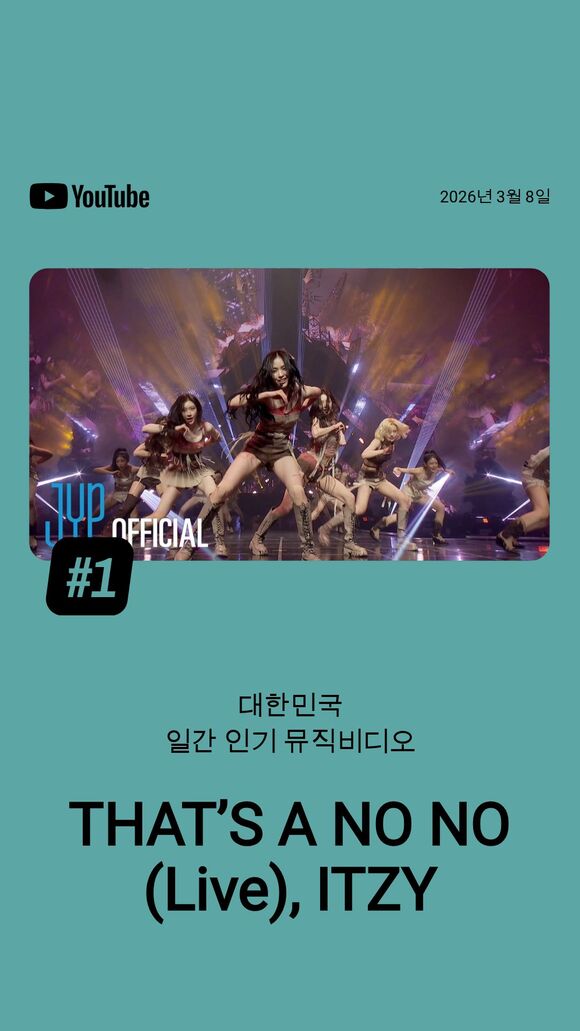 ITZY의 THATS A NO NO는 8일자 유튜브 한국 일간 인기 뮤직비디오 차트에서 1위에 올랐다./유튜브