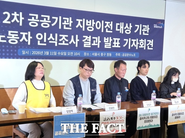 공공운수노조가 11일 오전 서울 중구 정동 천주교 프란치스코 교육회관에서 2차 공공기관 지방이전 대상 기관 노동자 인식조사 결과 발표 기자회견을 열고 있다. /안디모데 기자