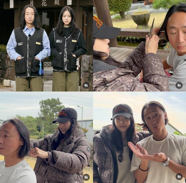 전성곤(위 왼쪽 사진의 왼쪽)은 호텔 도깨비에서 독특한 매력으로 시선을 사로잡았다. 방해만 되지 말자고 생각했다던 그는 손나은의 말 한마디에 편하게 평소 나로 임하게 됐다고 떠올렸다. 사진은 손나은이 전성곤의 긴 머리를 잘라주는 모습. /전성곤 소셜 미디어