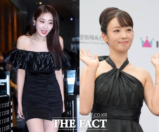 그룹 나인뮤지스 출신의 경리(왼쪽)는 LG 트윈스의 대표 승리요정이다. 그룹 에이핑크의 윤보미도 시구로 유명하지만 승률은 좋지 않다./더팩트DB