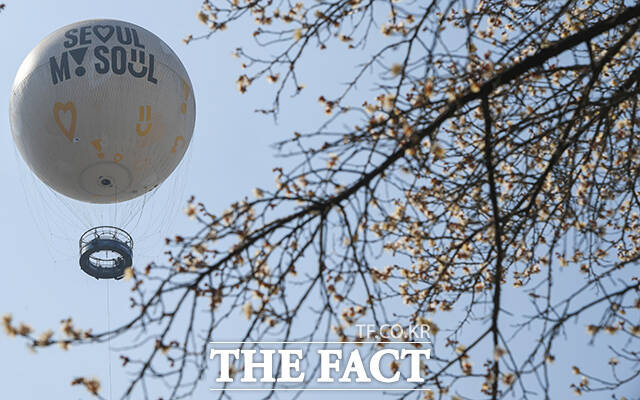 12일 오후 꽃이 핀 서울 영등포구 여의도공원 위로 서울달이 떠 있다. /박상민 기자