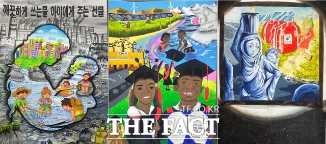 충남도가 2026년 세계 물의 날 기념 그림 공모전에서 대상 수상작으로 선정한 (왼쪽부터) 김은빈(천안신부초)의 깨끗하게 쓰는 물, 아이에게 주는 선물, 오윤채(당진탑동초)의 물처럼 공평한 교육의 기회, 한지수(예산여중)의 나는 학교에 가고 싶습니다 작품. /충남도