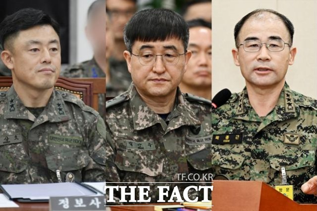 12·3 비상계엄에 연루돼 내란 중요임무 종사 혐의로 재판에 넘겨진 전직 군 장성들의 민간 법원 재판이 16일 시작됐다. 사진은 왼쪽부터 문상호 전 정보사령관, 박안수 전 육군참모총장, 곽종근 전 특수전사령관. /더팩트DB