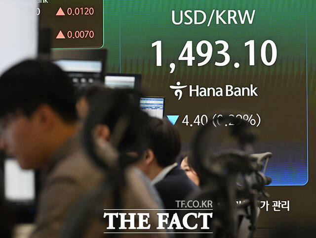 미국·이스라엘의 이란 공습에 따른 중동 정세가 악화되고 있는 17일 오전 서울 중구 하나은행 본점 딜링룸 전광판에 원·달러 환율 지수가 표시되고 있다. /박헌우 기자