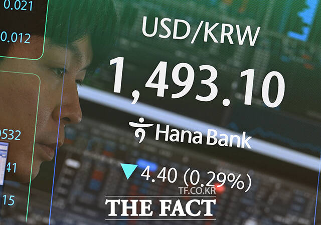 미국·이스라엘의 이란 공습에 따른 중동 정세가 악화되고 있는 17일 오전 서울 중구 하나은행 본점 딜링룸 전광판에 원·달러 환율 지수가 표시되고 있다. /박헌우 기자