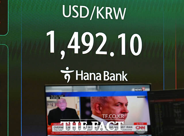 미국·이스라엘의 이란 공습에 따른 중동 정세가 악화되고 있는 17일 오전 서울 중구 하나은행 본점 딜링룸 전광판에 원·달러 환율 지수가 표시되고 있다. /박헌우 기자