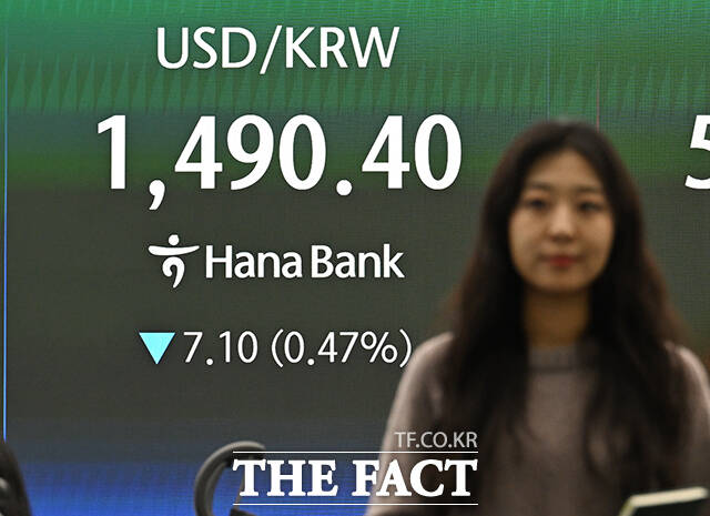 미국·이스라엘의 이란 공습에 따른 중동 정세가 악화되고 있는 17일 오전 서울 중구 하나은행 본점 딜링룸 전광판에 원·달러 환율 지수가 표시되고 있다. /박헌우 기자