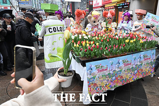 '에버랜드 튤립축제' 개막을 이틀 앞둔 18일 오후 서울 중구 에잇세컨즈 명동점 앞에서 에버랜드 캐릭터와 공연 연기자들이 포즈를 취하고 있다. /김성렬 기자