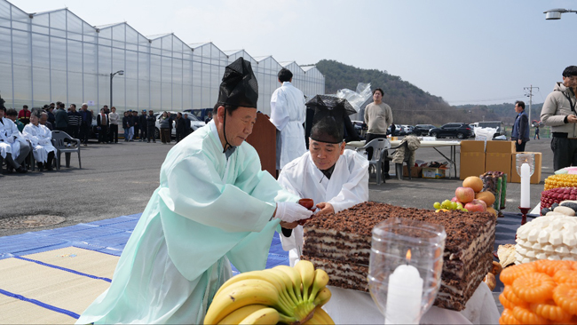 17일 경북 봉화군 봉성면 창평리 일대 임대형 스마트팜에서 열린 풍년기원제에 박현국 봉화군수가 초헌관으로 술잔을 올리고 있다. /봉화군