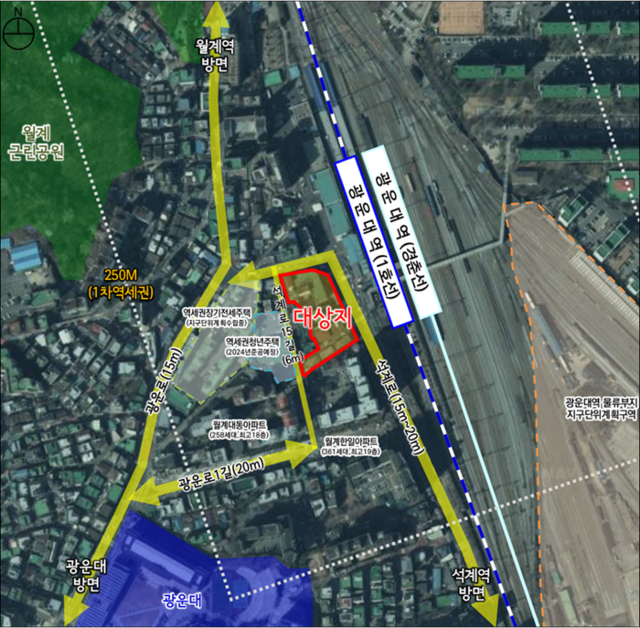 서울시는 지난 18일 제4차 도시계획위원회를 개최하고 노원구 광운대역세권 장기전세주택 도시정비형 재개발 정비구역 및 정비계획 해제(안)을 원안 가결했다. 사진은 노원구 월계동 411-53번지 일대 위치도. /서울시