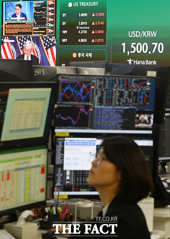 미국·이스라엘과 이란 간의 전쟁 장기화 우려가 지속되는 19일 오후 서울 중구 하나은행 딜링룸 전광판에 지수가 표시되어 있다. /서예원 기자