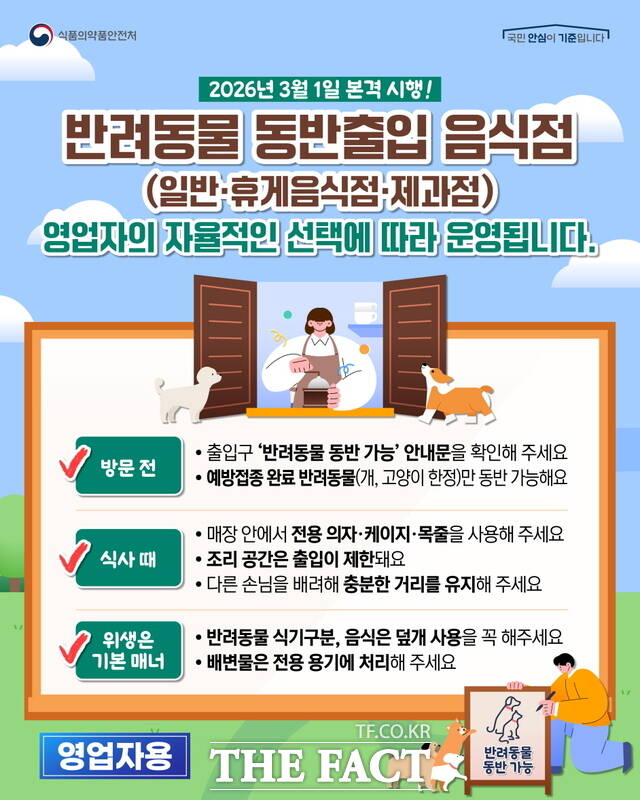 식품의약안전처 배포 반려동물 동반 출입 음식점 영업자 안내 카드뉴스. /천안시