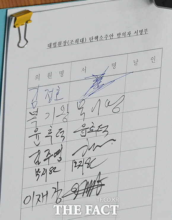 조희대 대법원장 탄핵소추안 발의자 서명부에 여당 의원들의 서명이 담겨 있다.