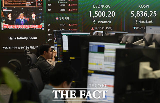 미국·이스라엘과 이란 간의 전쟁 장기화 우려가 지속되는 19일 오후 서울 중구 하나은행 딜링룸 전광판에 지수가 표시되어 있다. /서예원 기자