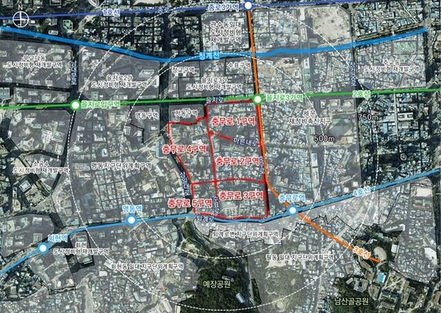서울시는 중구 충무로 43번지 일대 '충무로1·2·3·4·5 도시정비형 재개발 정비구역 지정·정비계획 결정 및 경관심의(안)을 수정 가결했다. 사진은 충무로1·2·3·4·5 도시정비형 재개발구역 위치도. /서울시