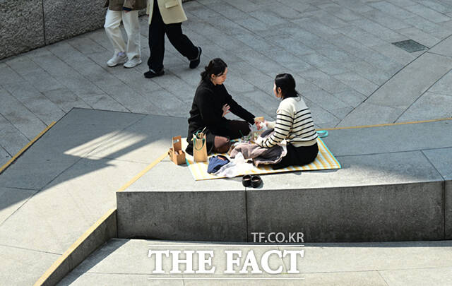 서울 시청광장 일대에서 관계자들이 봄꽃을 식재하고 있다.