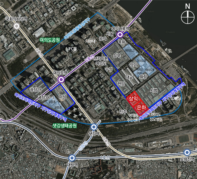 재건축을 통해 삼익은 최고 56층 630가구(공공 95가구), 은하는 최고 49층 672가구(공공 101가구)로 탈바꿈하며 용도지역은 기존 제3종일반주거지역에서 일반상업지역으로 상향된다. 영등포구 여의도동 51·52 일대 위치도. /서울시