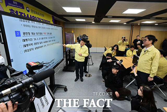 문체부는 21일 서울 광화문광장에서 열리는 방탄소년단 복귀 공연과 관련해 서울 중구·종로구에 공연장 재난 위기경보 '주의' 단계를 발령한다고 밝혔다. 문체부가 공연장 재난을 대상으로 위기 경보를 발령한 것은 이번이 처음이다.