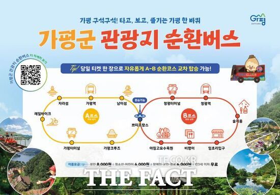 경기 가평군이 관광객들의 이동 편의와 운행 효율을 높이기 위해 오는 4월부터 전면 개편해 운영할 예정인 관광지 순환버스 노선 안내도. /가평군
