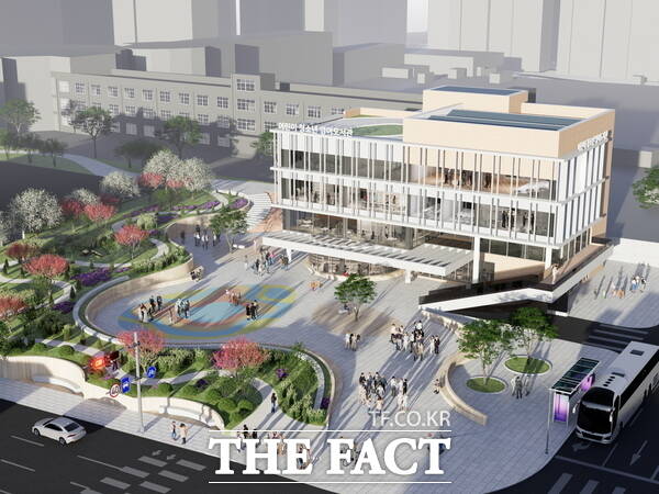 민앤동건축사사무소와 모드건축사사무소가 공동으로 제출한 (가칭)충남중 어린이·청소년 영어도서관 설계 조감도 /대전시 동구