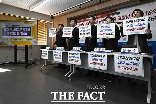 권오인 경제정의실천시민연합(경실련) 도시개혁센터 국장과 방효창 경실련 정책위원장, 황지욱 경실련 도시개혁센터 이사장, 조정흔 경실련 토지주택위원회 위원장, 윤은주 경실련 도시개혁센터 부장(왼쪽부터)이 피켓을 들며 구호를 외치고 있다.