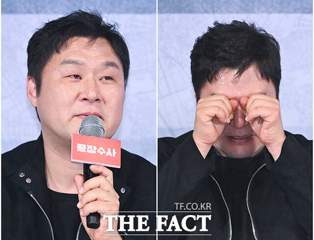 배우 윤경호가 25일 오후 서울 용산구 CGV 용산아이파크몰에서 열린 영화 ‘끝장수사’ 언론배급시사회 및 기자간담회에 참석해 소감을 밝히며 눈물을 닦고 있다. /서예원 기자