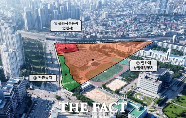 지난해 12월 9일 유정복 인천시장과 조명우 인하대 총장 등이 업무협약을 체결한 인하대 거점 문화예술 복합공간 개발사업 예정 부지. /인천시