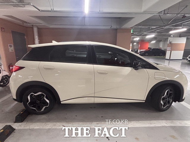 BYD 돌핀 측면 모습. 짧은 오버행과 긴 휠베이스를 바탕으로 안정적인 비율을 구현했다. /황지향 기자