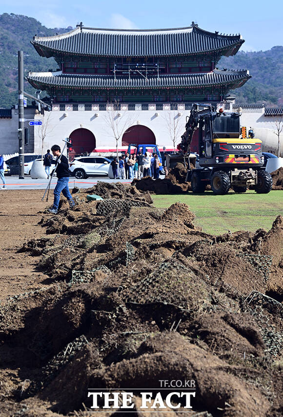 완연한 봄날씨를 되찾은 31일 오전 서울 종로구 광화문광장에는 BTS 컴백 공연 후 원상복구 작업을 겸한 봄맞이 잔디 교체 작업이 진행되고 있다. /임영무 기자