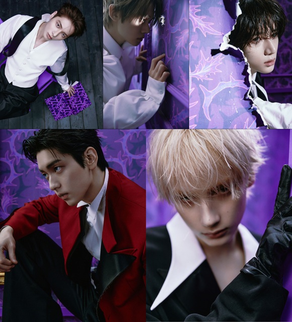 그룹 투모로우바이투게더 태현 연준 범규 휴닝카이 수빈(왼쪽 위부터 시계방향)이 여덟 번째 미니앨범 '7TH YEAR: 가시덤불에 잠시 바람이 멈췄을 때'의 'TENSION' 버전 콘셉트 포토를 게재했다./빅히트 뮤직