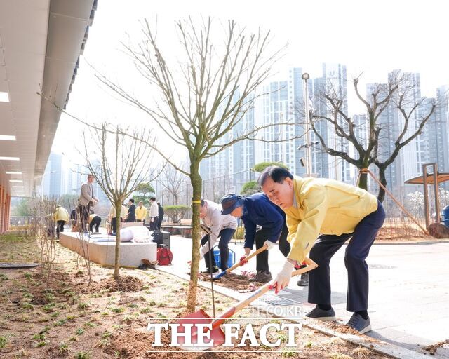 31일 홍성 홍주초에서 김지철 교육감을 비롯한 직원들이 무궁화를 심으며 식목행사를 진행하고 있다. /충남교육청