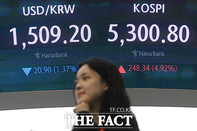 미국과 이란의 전쟁 종전에 대한 기대감이 커진 1일 오전 서울 중구 하나은행 딜링룸에 지수가 표시되고 있다. /서예원 기자