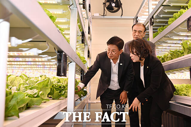 박강수 마포구청장(가운데)를 비롯한 내빈들이 '마포 스마트팜 체험관' 준공식에서 커팅식을 하고 있다.