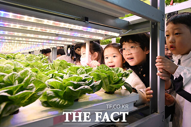 박강수 마포구청장(가운데)를 비롯한 내빈들이 '마포 스마트팜 체험관' 준공식에서 커팅식을 하고 있다.