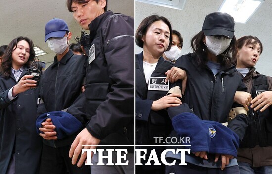 2일 장모를 폭행해 숨지게 한 혐의를 받고 있는 사위 조 모 씨(왼쪽)와 딸 최 모 씨가 대구지법에 구속적부심 심사를 받기 위해 출두하고 있다. /뉴시스