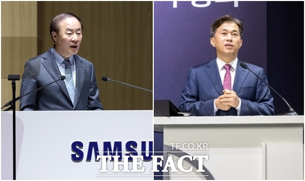 전영현 삼성전자 대표이사 부회장 겸 DS부문장(왼쪽)과 곽노정 SK하이닉스 대표이사 사장이 지난달 열린 정기 주주총회에서 인사말을 하고 있다. /더팩트 DB, SK하이닉스