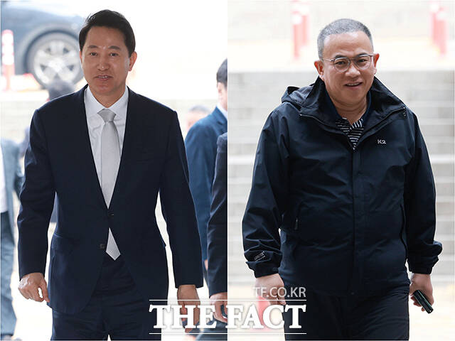 오세훈 서울시장이 3일 오전 서울 서초구 서울중앙지방법원에서 열린 여론조사비 대납 의혹 관련 5차 공판에 출석하고 있다. 오른쪽은 이날 증인으로 공판에 출석하는 정치 브로커 명태균 씨의 모습. /사진공동취재단