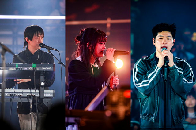 밴드 실리카겔의 김한주와 싱어송라이터 한로로, 장기하(왼쪽부터)가 3일 오후 7시 30분 서울 강서구 LG아트센터 서울 U+스테이지 홀에서 열린 EBS 음악 프로그램 '스페이스 공감'에 출연해 노래하고 있다./EBS