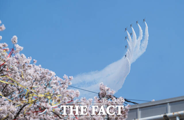 공군 특수비행팀 블랙이글스가 5일 오후 서울 여의도 상공에서 '여의도 봄꽃축제' 축하비행을 펼치고 있다. /박헌우 기자