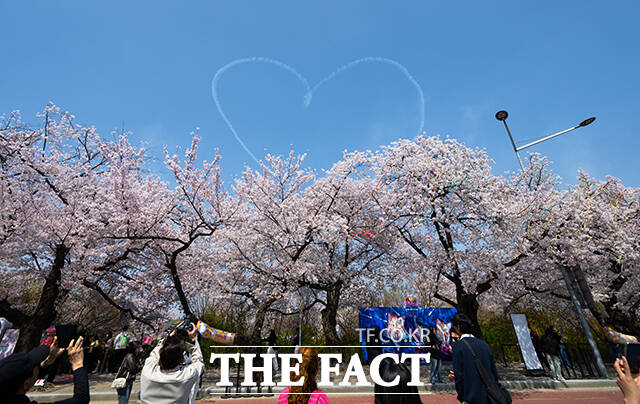 공군 특수비행팀 블랙이글스가 5일 오후 서울 여의도 상공에서 '여의도 봄꽃축제' 축하비행을 펼치고 있다. /박헌우 기자