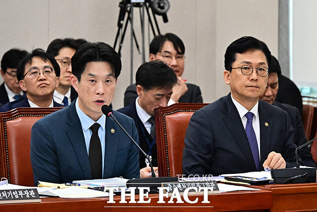 질의에 답변하는 노용석 중소벤처기업부 제1차관(왼쪽).