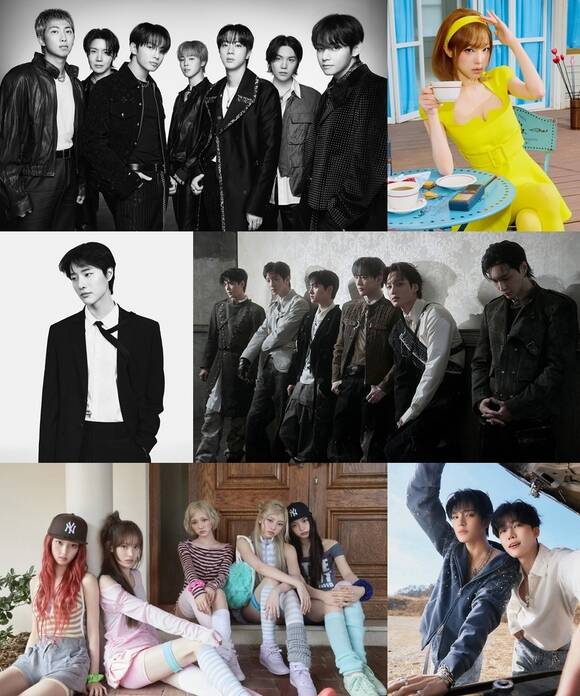 방탄소년단, 최예나, 엑소, 엔시티 제노재민, 키키, 우즈(왼쪽 위부터 시계방향) 등이 'TMA 베스트 뮤직 – 봄' 부문 후보로 이름을 올렸다. /각 소속사