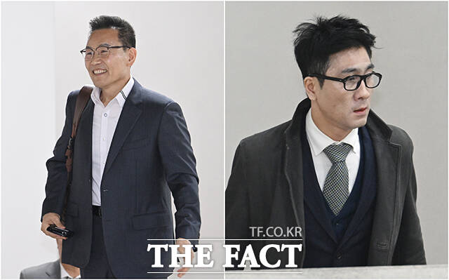 해병대원 순직사건과 관련해 국회 국정감사에서 허위 증언을 한 혐의를 받는 송호종 전 대통령경호처 직원(왼쪽)과 위증 교사·방조 혐의를 받는 전 이관형 국회사무처 직원이 7일 오후 서울 서초구 서울중앙지방법원에서 열린 공판에 출석하고 있다. /박헌우 기자