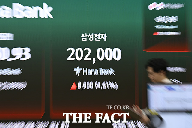 삼성전자가 1분기 역대 최대 실적을 발표한 7일 오전 서울 중구 하나은행 본점 딜링룸에 삼성전자 주가가 표시돼 있다. /송호영 기자