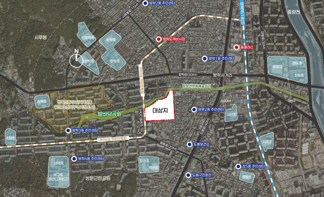 쌍문동 62 일대는 방학천과 맞닿아있고, 향후 우이신설선 연장에 따른 신설역이 들어설 예정이다. /서울시