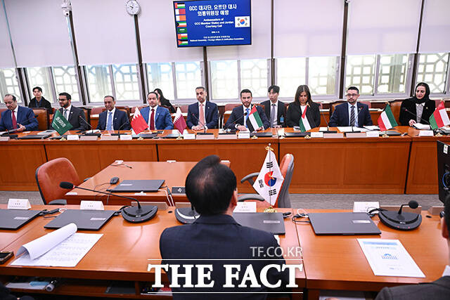 걸프협력회의(GCC) 소속 대사 및 요르단 대사 만난 김석기 국회 외교통일위원회 위원장(아래)과 외통위원들.