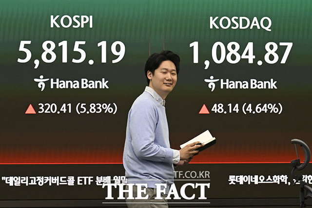 8일 코스피가 미국과 이란의 2주 휴전 합의 소식 훈풍을 타고 급등 마감했다. 미국과 이란의 휴전 합의에 코스피 지수가 급등하며 매수사이드카가 발동된 8일 오전 서울 중구 하나은행 본점 딜링룸에 원·달러 환율과 코스피, 코스닥 지수가 표시돼 있다. /송호영 기자