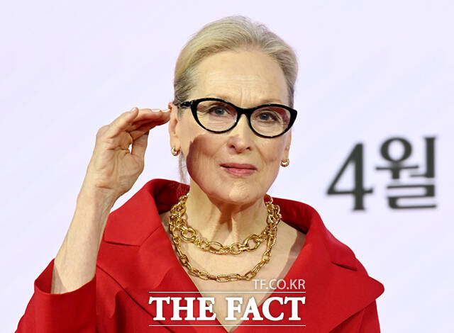 할리우드 배우 메릴 스트립(왼쪽)과 앤 해서웨이가 8일 서울 광화문 포시즌스 호텔 서울에서 열린 영화 '악마는 프라다를 입는다2' 내한 기자간담회에 참석해 포즈를 취하고 있다. /이새롬 기자