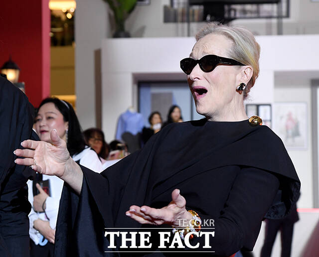 할리우드 배우 메릴 스트립이 8일 오후 서울 영등포구 타임스퀘어에서 열린 영화 '악마는 프라다를 입는다2' 레드카펫에서 팬들에게 인사하고 있다. /박상민 기자
