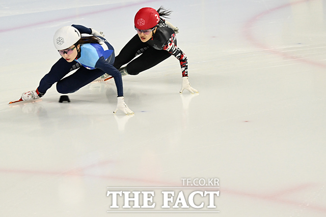 올림픽 은퇴를 선언한 최민정(앞)이 8일 오후 서울 양천구 목동실내빙상장에서 열린 '2026-2027 쇼트트랙 국가대표 1차 선발대회' 여자 500m 예선에서 역주하고 있다. /김성렬 기자